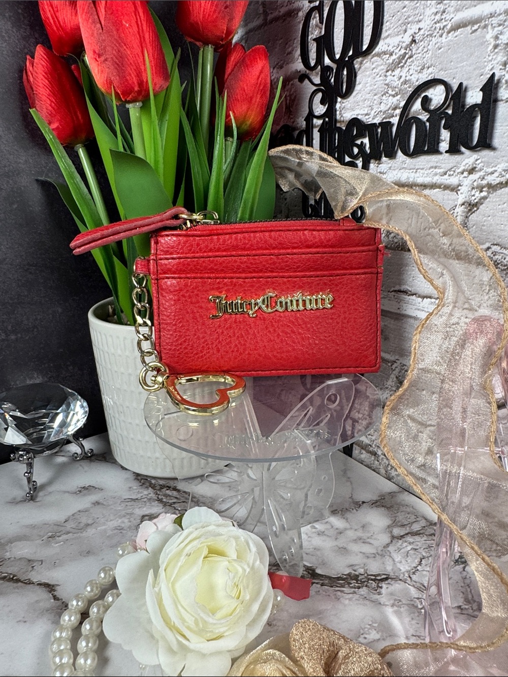 Juicy Couture Red Leather Card Case with Gold Script Logo